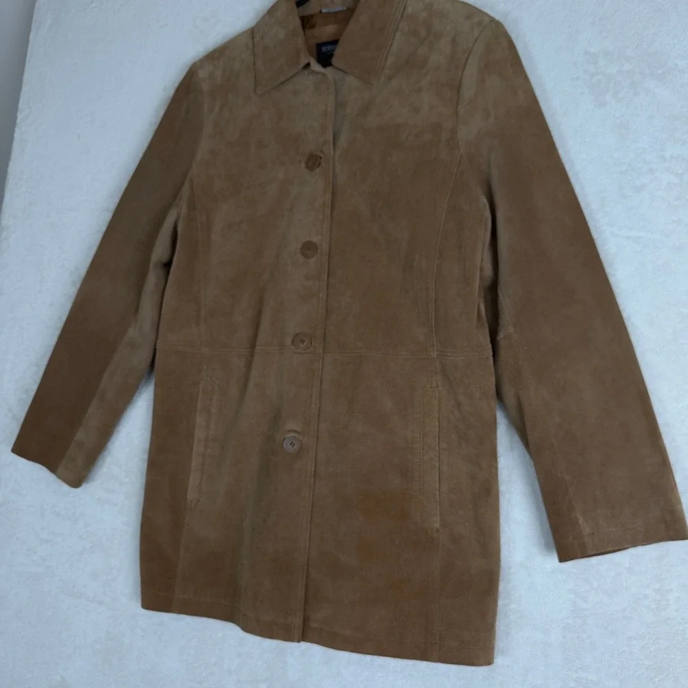 BERNARDO Collection Men's Suede Leather Jacket Tan Button Front Size L Timeless